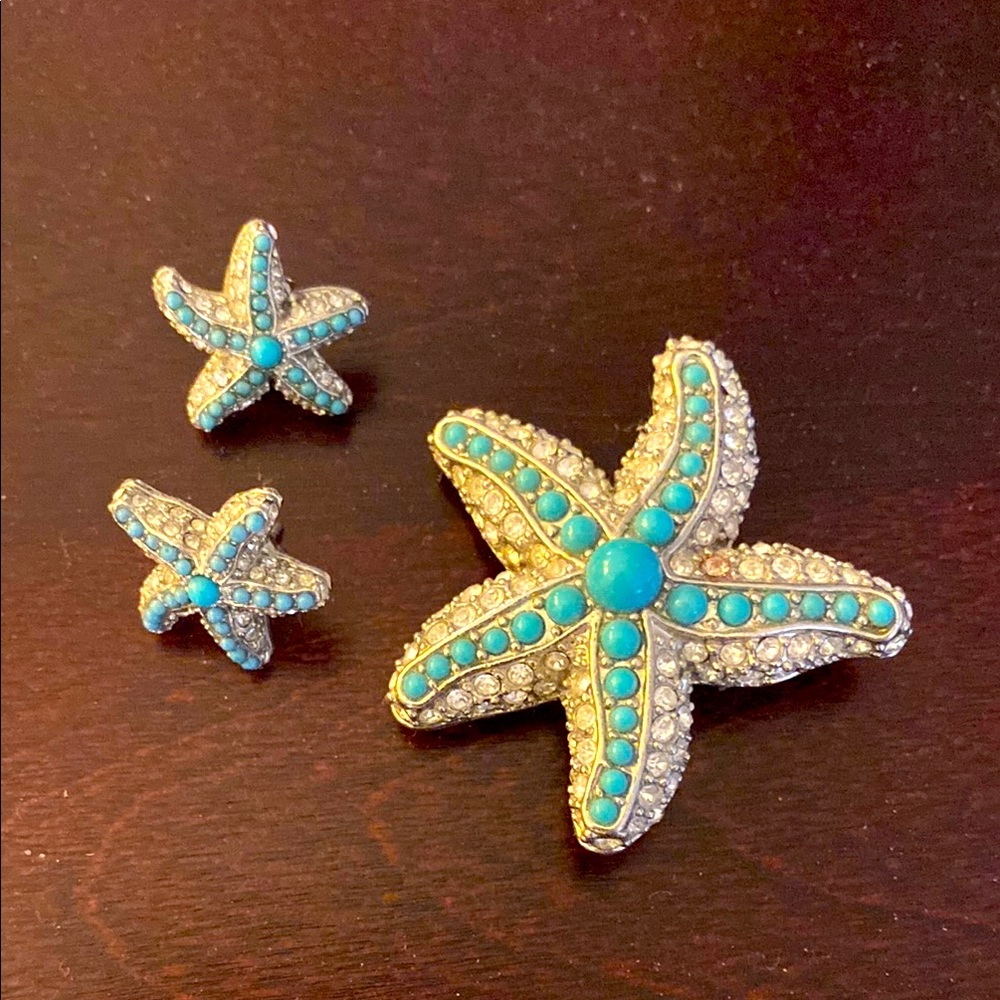 Stella and Dot Starfish Brooch and Earrings Set with Turquoise Accents